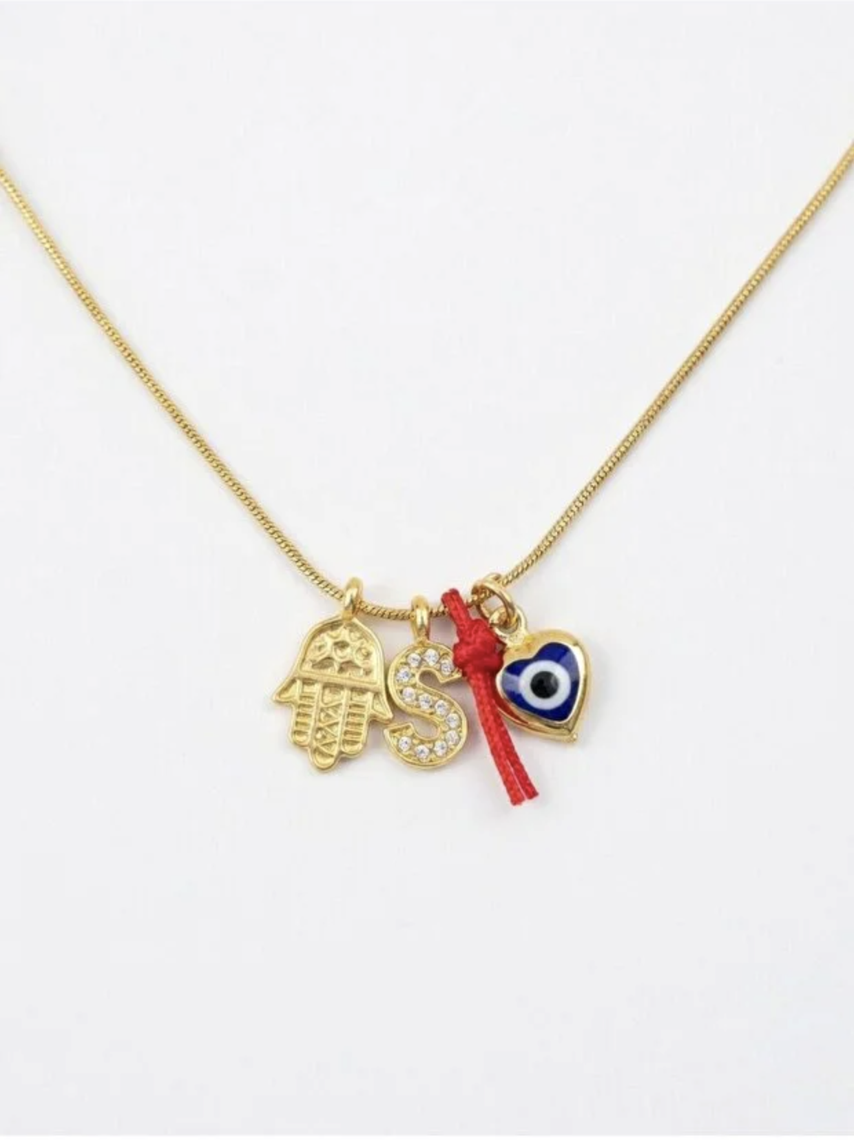  Hamsa Kalpli Nazar Boncuğu ve Taşlı Harf Charm Çelik Zincirli Kişiye Özel 45 cm Kadın Kolye görseli 1